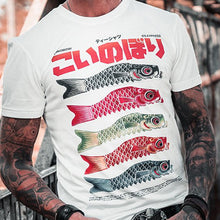 Load image into Gallery viewer, Be Bright! Fresh from the market.  This Koi flag in the Japanese style features vibrant colors.  The leader in Japanese Streetwear.  The best-looking, most comfortable, softest t-shirt's available anywhere. The Oldskull Express Collection features vintage styled t-shirts with a strong Japanese influence combined with Americana, retro and streetwear design elements. The result is unique design you will only find at Oldskull Store USA the best shirt store in North America.